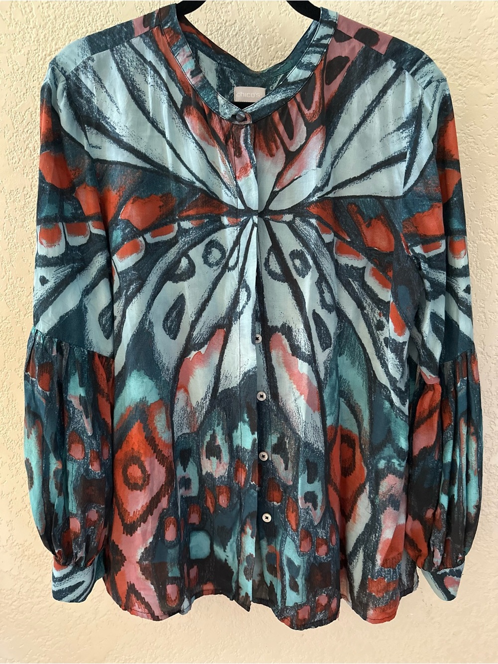 Chico's Teal, Red & Black Abstract Button-Front Blouse